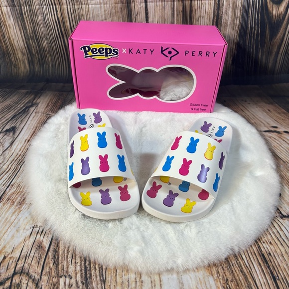 Katy Perry Sandals Peeps Bunny Slides White Rainbow Size 7 Easter Unique Fun - Picture 1 of 5
